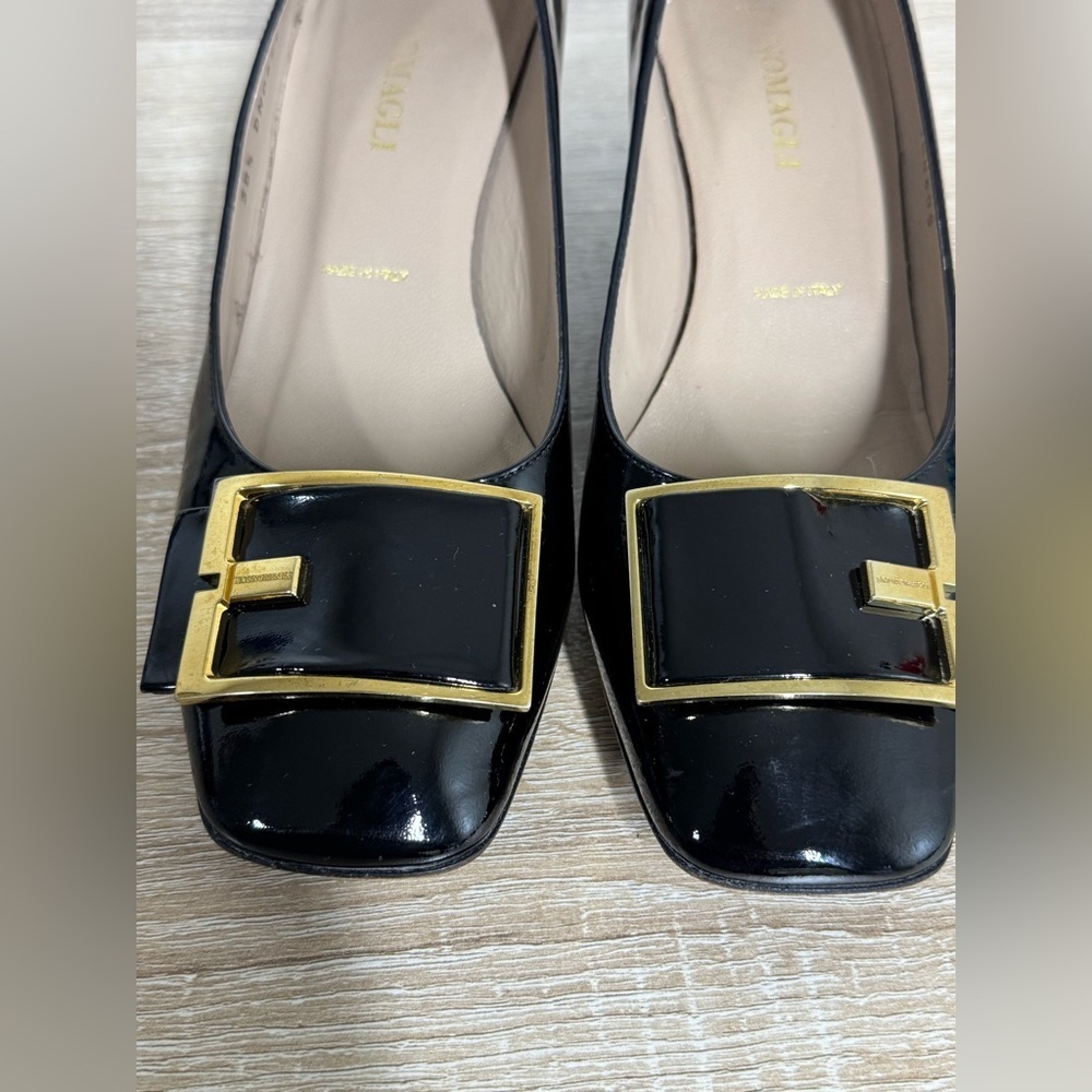 Bruno Magli Size 38.5 US 7.5 Black Patent Leather Block Heel Shoes Buckle - Picture 6 of 16
